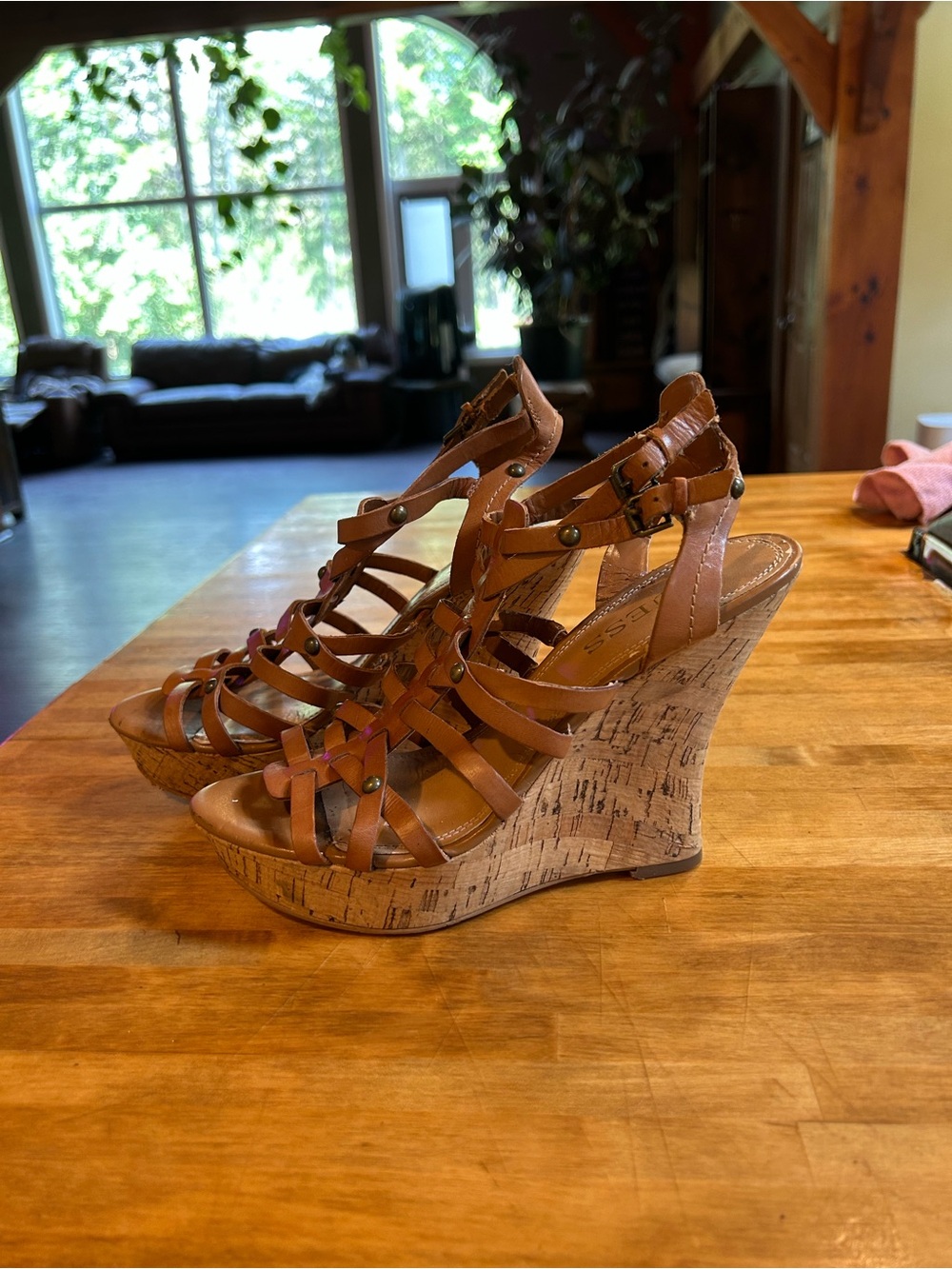 Guess Leather Strappy Gladiator Sandals Cork Wedge High Heel Sandals in Cognac